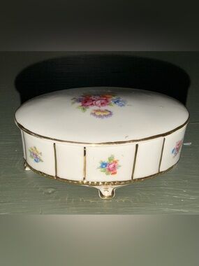 Ice White Porcelain Floral Trinket Box with Gold Trim